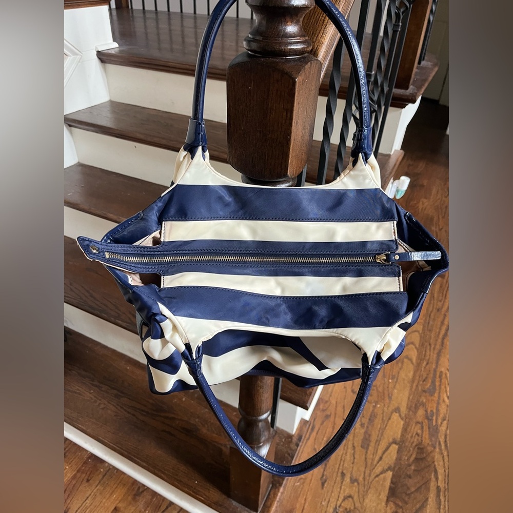 Kate Navy and Cream Sateen and Parent Leather Striped Bag - Picture 3 of 13